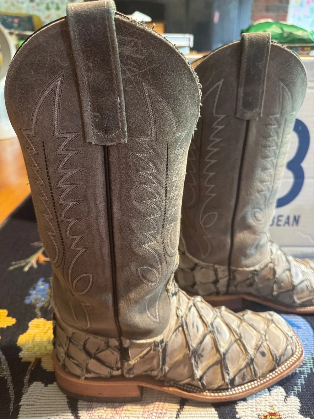 Anderson Bean Big Bass Boots Men's 9C Suede Wide Square Toe Exotic arapaima fish